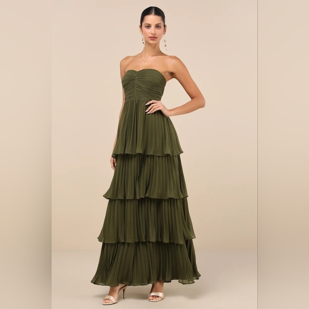 Lulus Seriously Sensational Olive Green Strapless Tiered Maxi Dress Wedding Prom - Picture 2 of 8